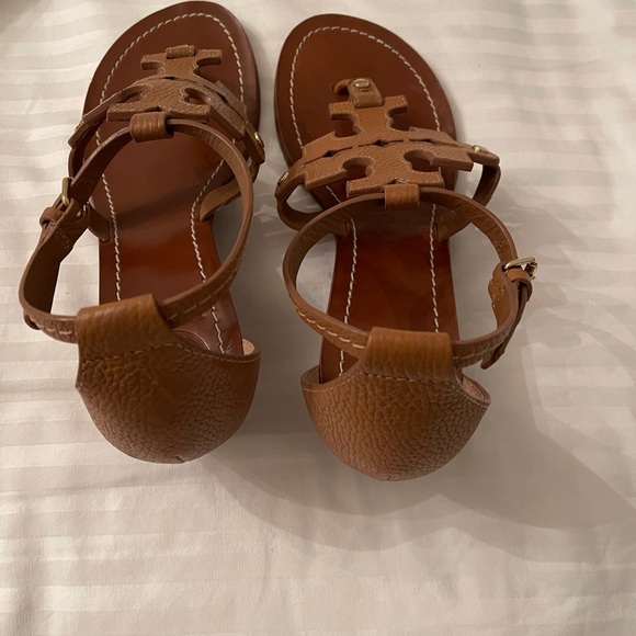 Tory Burch Brown Leather Double T Wedge Sandals - Picture 2 of 9